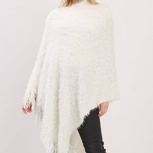Ivory Lightweight Fuzzy Sequin Poncho With Fringe